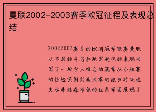 曼联2002-2003赛季欧冠征程及表现总结