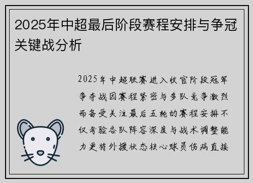 2025年中超最后阶段赛程安排与争冠关键战分析